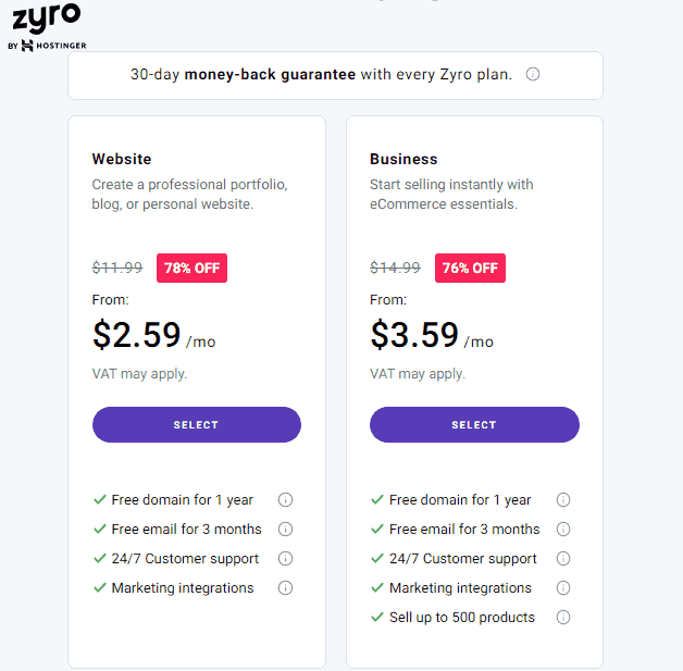 سعر وباقات منصة Zyro - إنشاء متجر خاص
