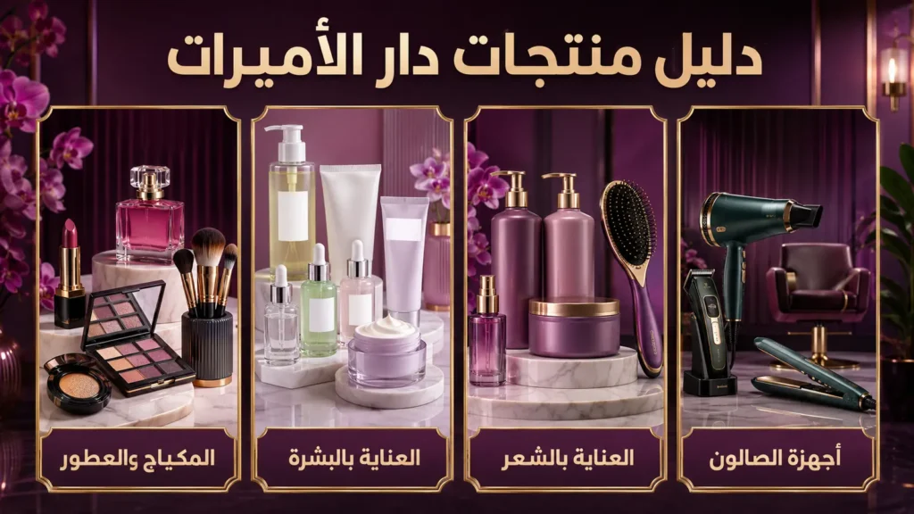 دليل أقسام دار الأميرات للمكياج والعطور والعناية بالبشرة والشعر وأجهزة الصالونات