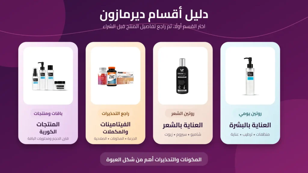 دليل أقسام ديرمازون للعناية بالبشرة والشعر والفيتامينات والمنتجات الكورية
