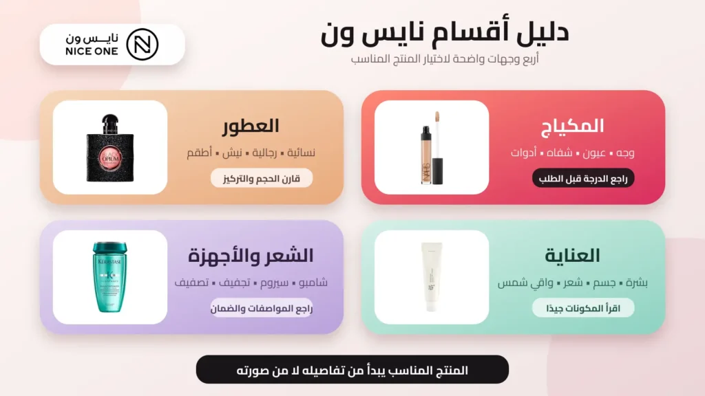 دليل أقسام نايس ون للمكياج والعطور والعناية والشعر